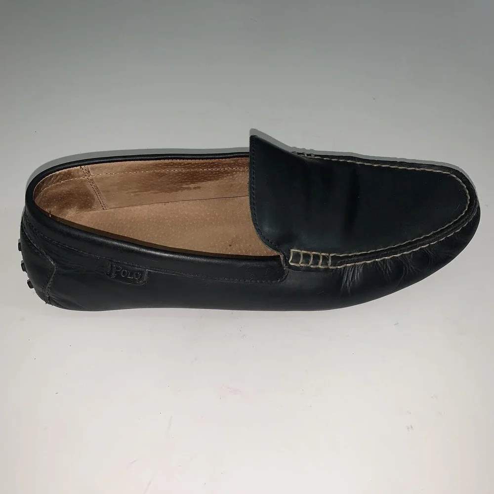 Polo Ralph Lauren Woodley Shoes Men 12 Black Driving Moc Leather Slip On Loafers